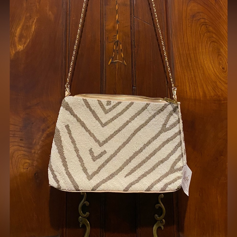 SSEKO Hand Beaded Clutch Holiday Wedding Gala Prom Evening Bag Gold & Cream NWT